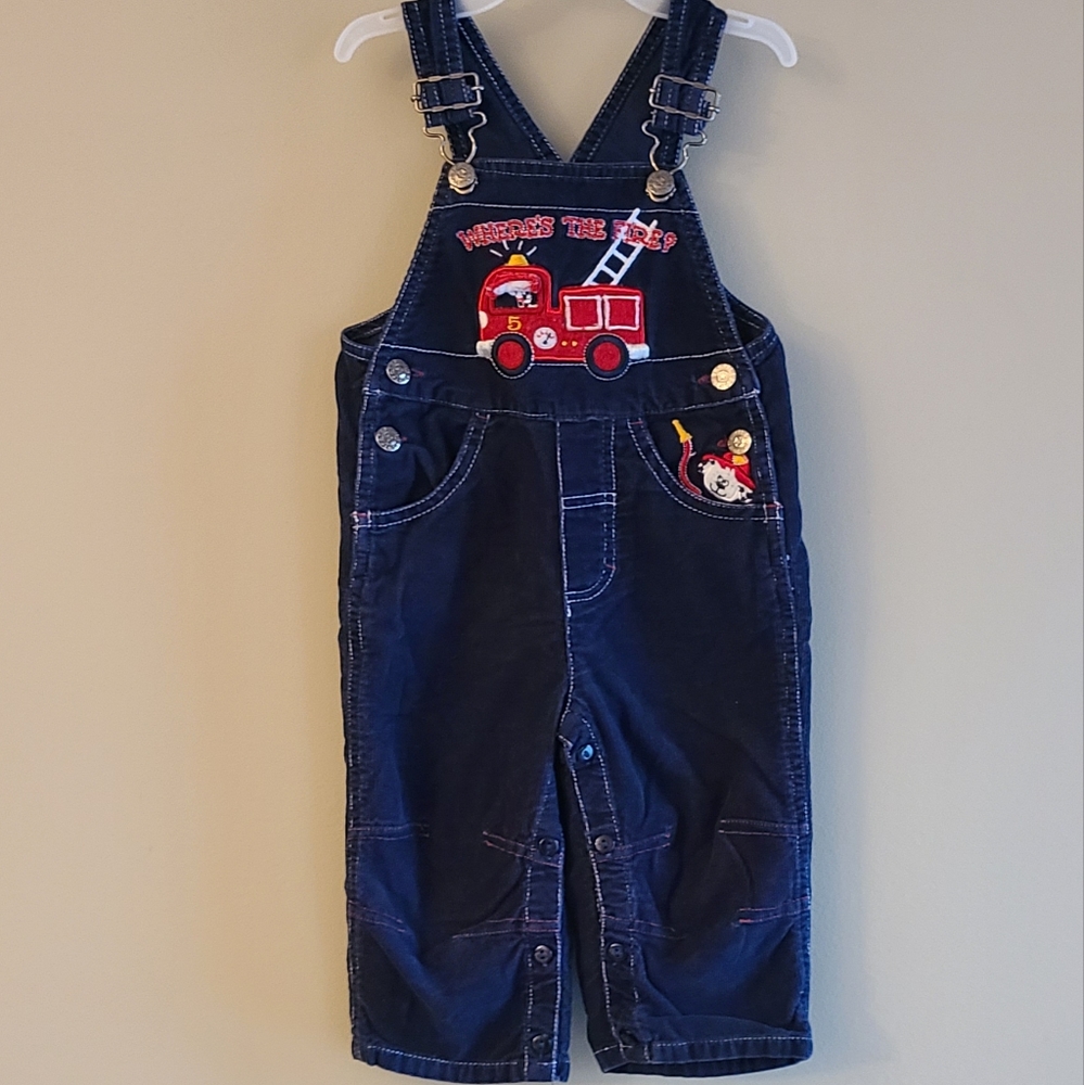 Navy Blue firetruck embroidered corduroy overalls